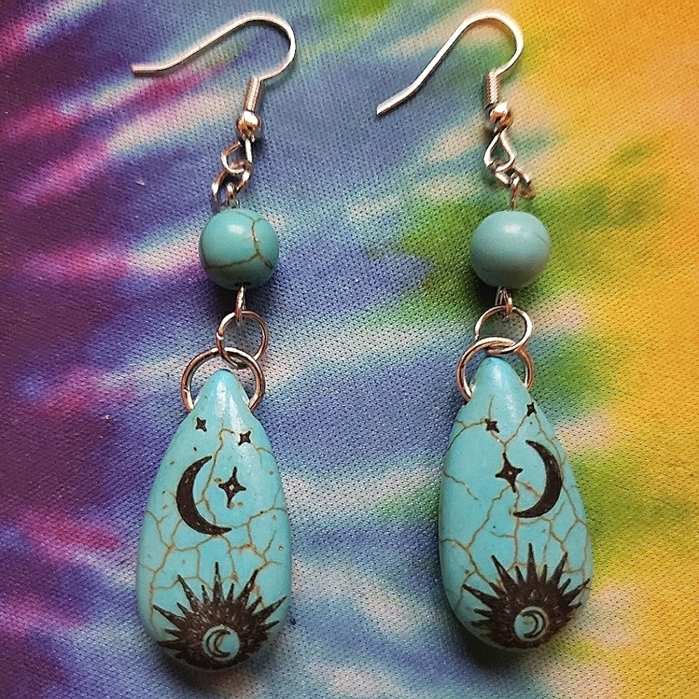 Handmade Boho Celestial Sun Moon Turquoise Dangle Earrings